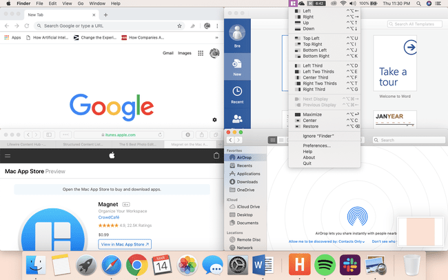 Magnet organizující čtyři okna na Macu
