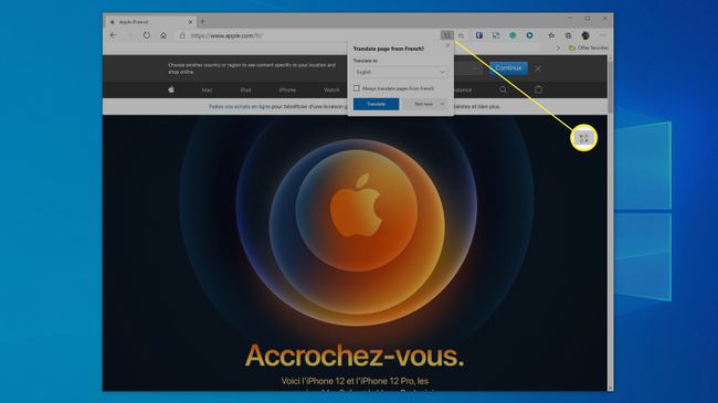 Función de traducción de Microsoft Edge en un sitio web francés.