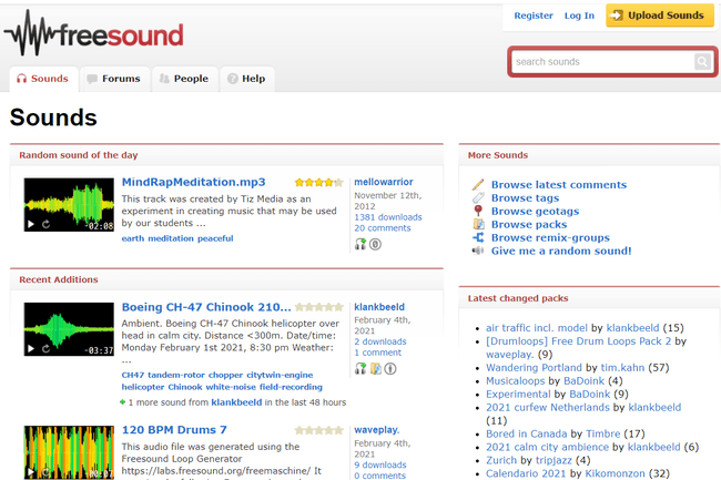 Zrzut ekranu strony internetowej Freesound
