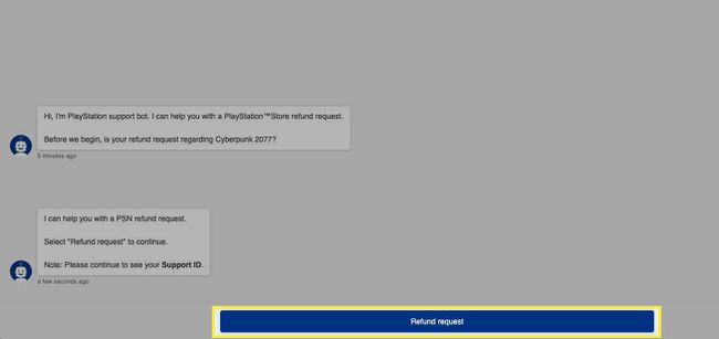 Επιλέγοντας " Αίτημα επιστροφής χρημάτων" από το ρομπότ υποστήριξης του PlayStation.