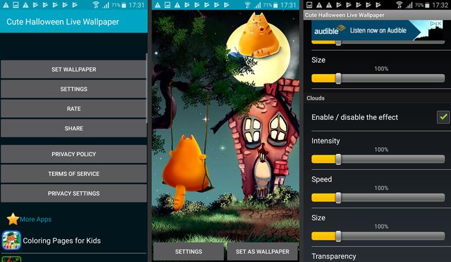 Las capturas de pantalla de la aplicación Cute Halloween Live Wallpaper de Live Wallpapers 3D, resaltando la configuración y un fondo de un lindo gato descansando en la luna