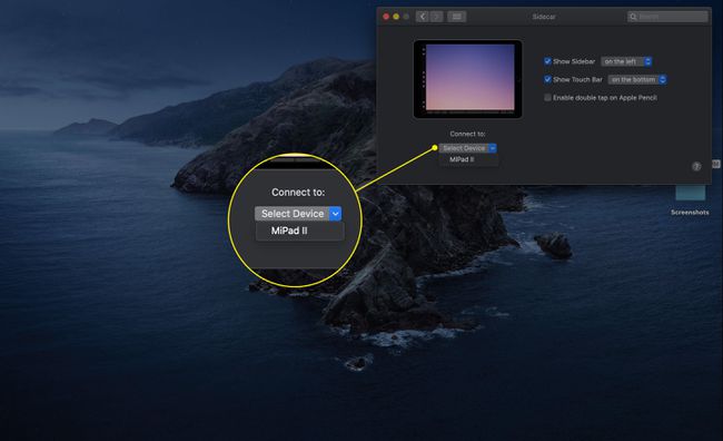 قائمة " Connect to" في إعدادات macOS Sidecar