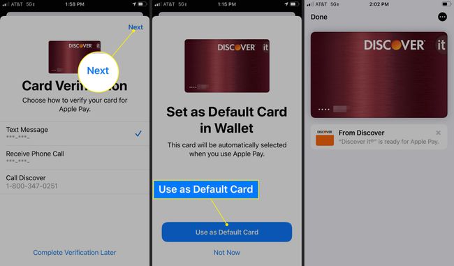 Die Schaltfläche Weiter und der Befehl " Als Standardkarte verwenden" in Apple Wallet