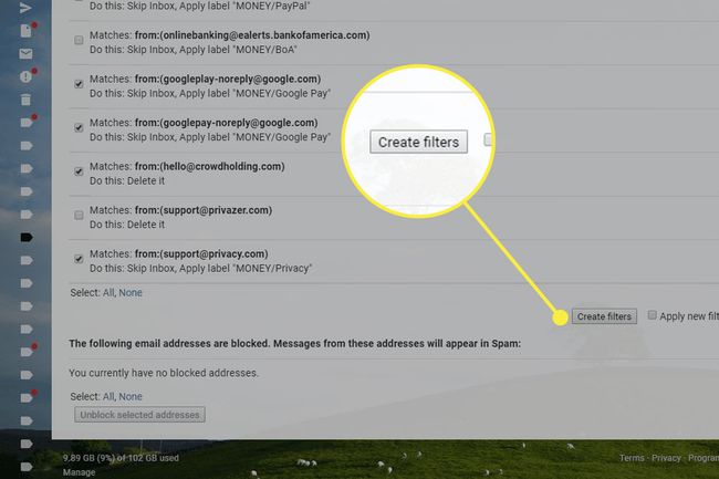 Uma captura de tela das configurações de filtros do Gmail com o botão Criar Filtros destacado