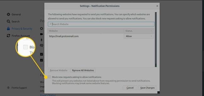 Permisos de notificación en Firefox con la casilla de verificación Bloquear nuevas solicitudes resaltada