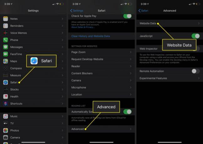 Datos del sitio web en la configuración avanzada de Safari para iPhone