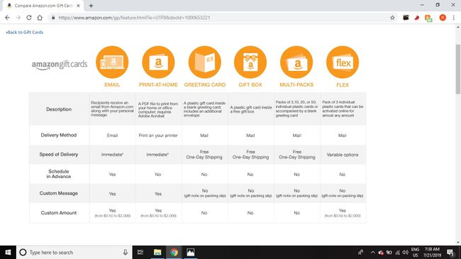 Amazon.com tiene un gráfico que compara los diferentes tipos de tarjetas de regalo que venden.
