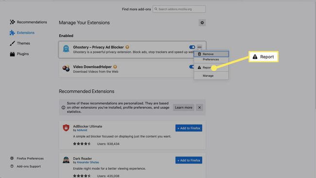 Seleccione Informar para informar la extensión a Mozilla por violaciones de privacidad u otras inquietudes.