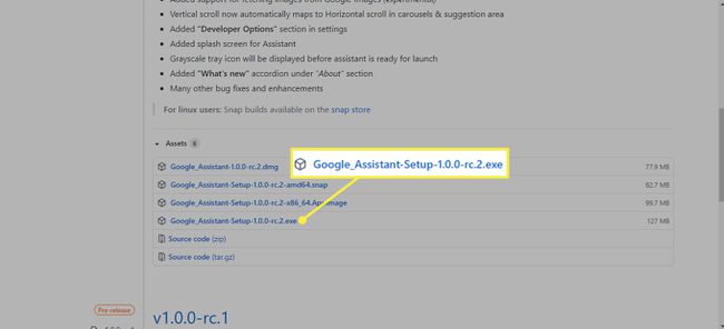 Resmi olmayan Google Asistan indirme sayfasındaki Google_Assistant-Setup-1.0.0-rc.2.exe dosyası