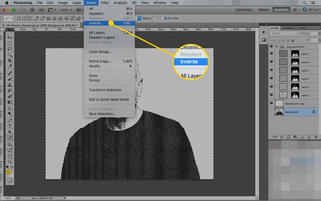 Photoshop op een Mac met de opdracht Omgekeerd geselecteerd onder het menu Selecteren
