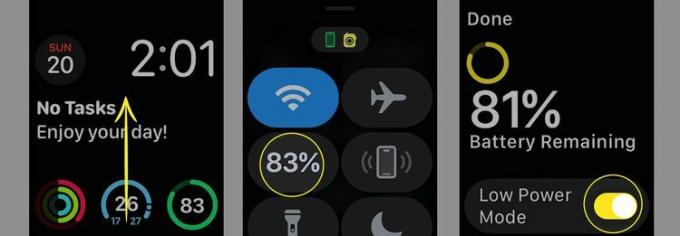 배터리 비율 및 저전력 모드가 강조 표시된 Apple Watch에서 저전력 모드 켜기
