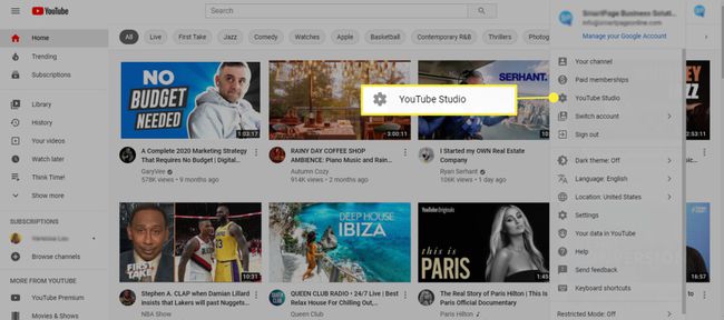 YouTube Studio - selecteer