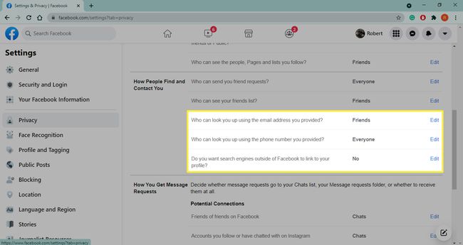 Раздел Как хората намират и се свързват с вас в настройките за поверителност на Facebook