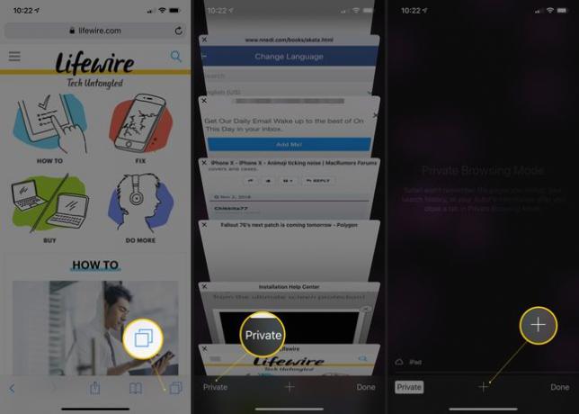 Safariで[新しいウィンドウを開く]ボタン、プライベートブラウジング、および[プラス]ボタンを表示する3つのiOS画面