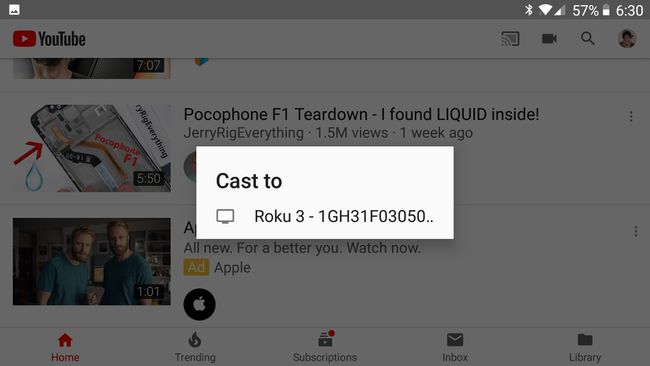 Transmissão do YouTube para Roku no Android