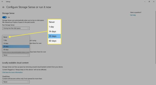 Escolher quantos dias para excluir arquivos temporários no Windows 10.