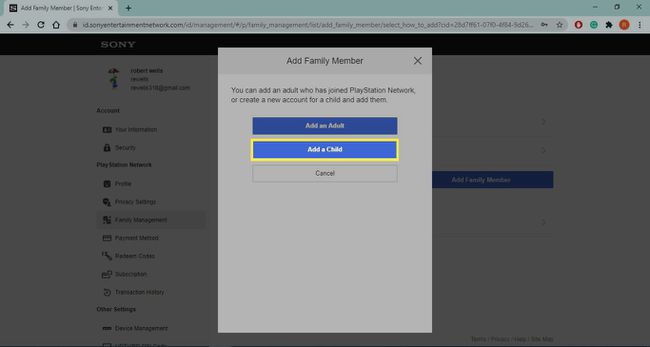 PSNファミリーアカウント設定の[ファミリーメンバーの追加]で[子を追加]を選択します。