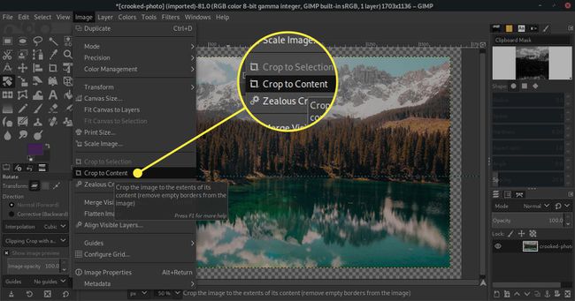 İçeriğe Kırp komutunun vurgulandığı bir GIMP ekran görüntüsü