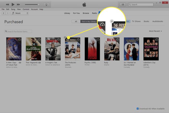 Una captura de pantalla de la pantalla de Compras de iTunes con el botón Ocultar resaltado