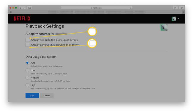הגדרות ההפעלה של Netflix עם פקדי ההפעלה האוטומטיים לא מסומנים