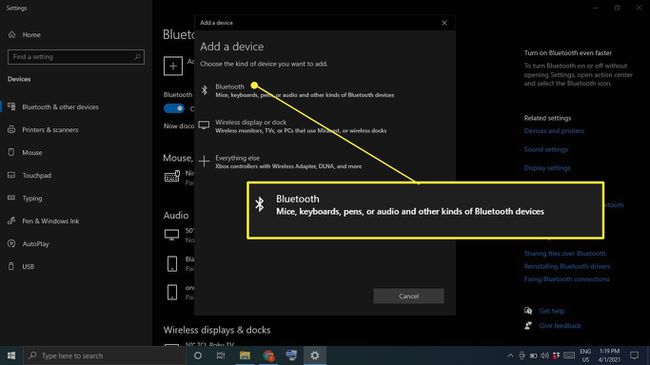  Windows 10 Bluetooth 설정의 장치 추가에서 Bluetooth