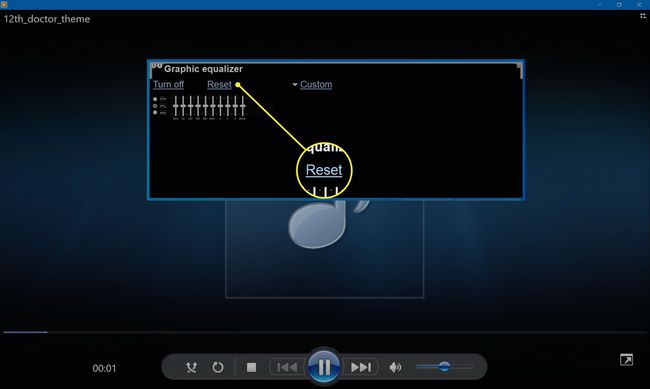 Výběrem možnosti Obnovit resetujete posuvníky ekvalizéru v programu Windows Media Player.