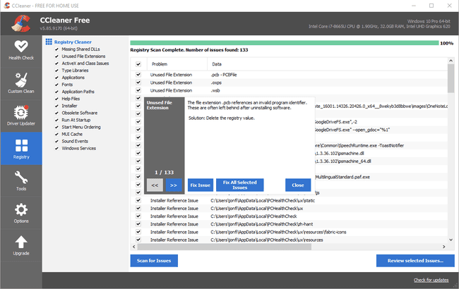 CCleaner Mygtukas Ištaisyti visas pasirinktas problemas