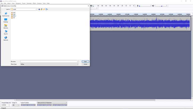 สกรีนช็อตของการนำเข้าเสียงเข้าสู่ Audacity