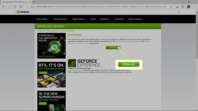 Nvidiaドライバーダウンロードサイトで強調表示されているダウンロード。