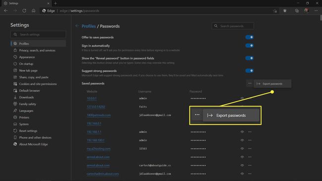 El botón para exportar contraseñas de MS Edge está resaltado.