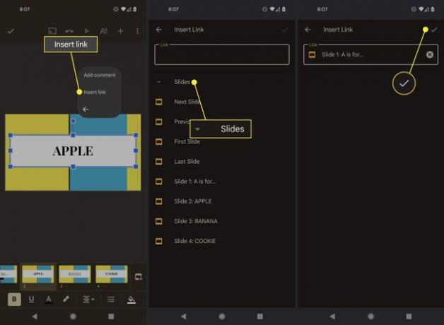 Inserir link, slide e marca de seleção no aplicativo Google Slides