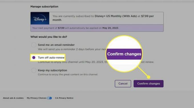 Roku の Web サイトで強調表示されている「自動更新をオフにする」設定と「変更を確認する」。