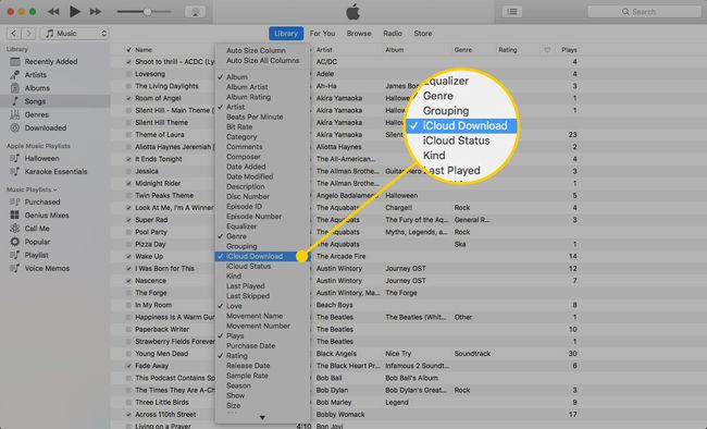 iTunes en una Mac con la configuración del menú Descargar de iCloud resaltada