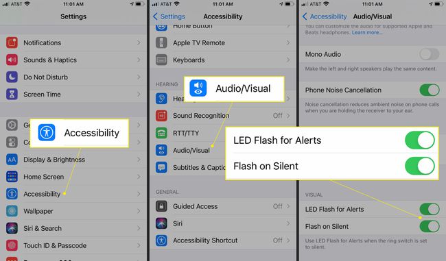 Setări iPhone cu alerte de accesibilitate, audiovizuale și LED flash evidențiate