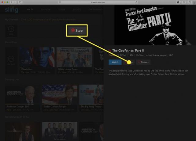 Zrzut ekranu przycisku Sling TV, aby zatrzymać nagrywanie na DVR.