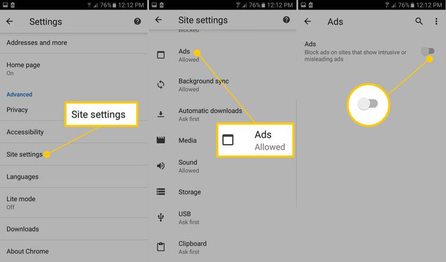 Setări site, reclame, comutare reclame în setările Chrome pe Android