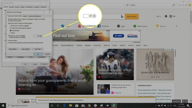 Configuración de IE con la opción Espacio para usar resaltada