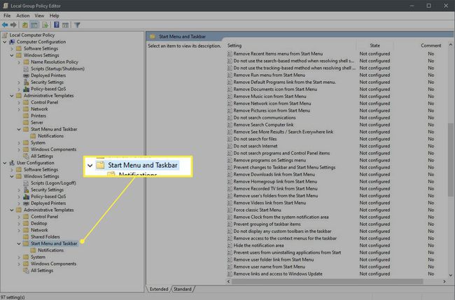 " 시작 메뉴 및 작업 표시줄" 이 강조 표시된 Windows 제어판