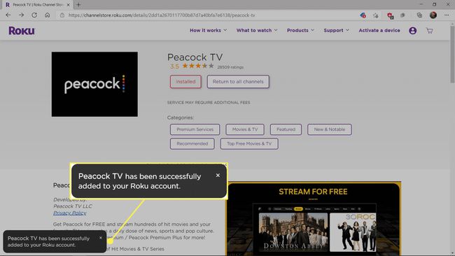 Peacock TV edukalt lisatud Roku kanalite poest.