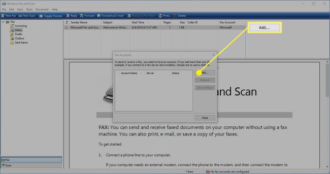 Windows Faks ve Tarama uygulamasında bir faks hesabı ekleme seçeneği.
