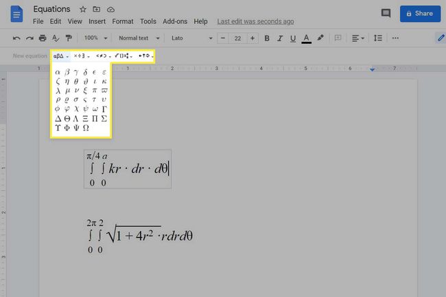 O menu da barra de ferramentas de equação destacado com exemplos de equações no Google Docs.