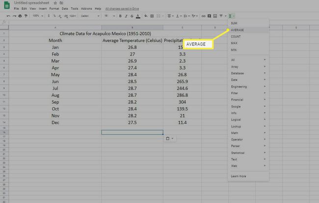 Função média do Google Sheets no menu