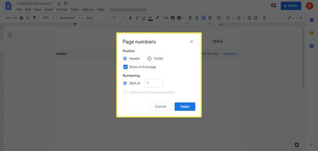 A caixa de diálogo de números de página no Google Docs.