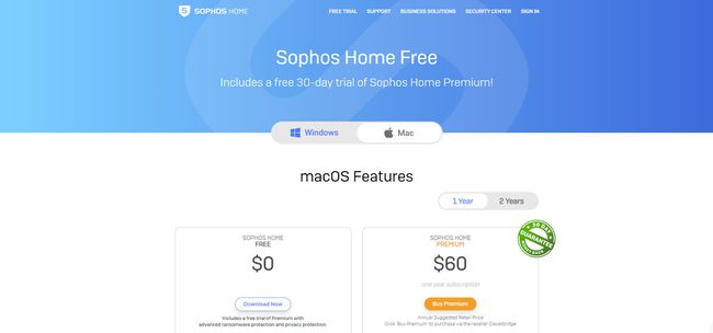 Una captura de pantalla del sitio web de Sophos Home Free.