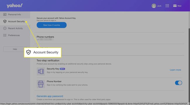 O título Segurança da conta no Yahoo