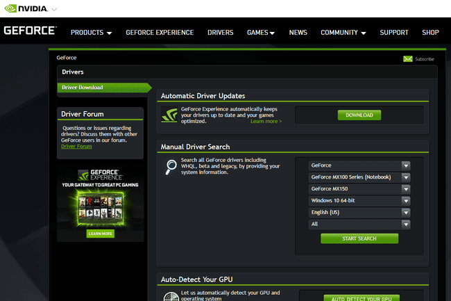NVIDIAGeForceドライバーのドライバーダウンロードページのスクリーンショット