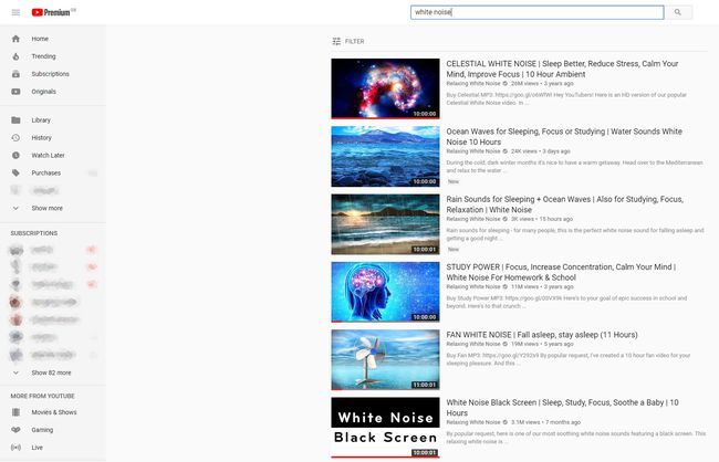 Screenshot der YouTube-Videoliste für Videos mit weißem Rauschen