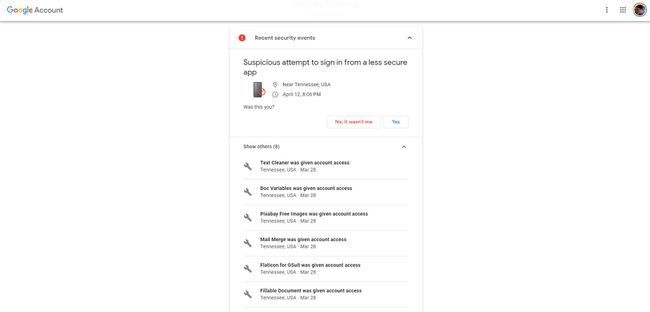 Captura de pantalla de eventos de seguridad recientes en la verificación de seguridad de Google