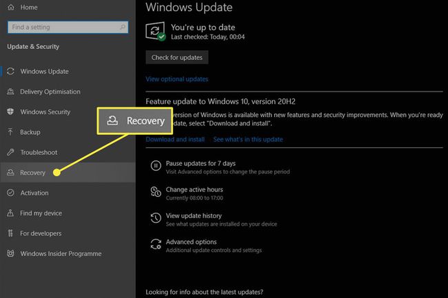 Atkopšanas preferenču rūts sadaļā Atjaunināšana un drošība operētājsistēmā Windows 10.