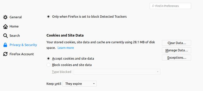 Sekcja Pliki cookie i dane witryn w Preferencjach przeglądarki Firefox